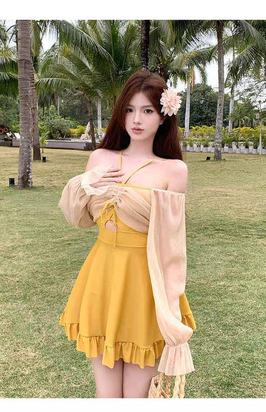 Golden Glow Sheer Sleeve Skirt Swimsuit