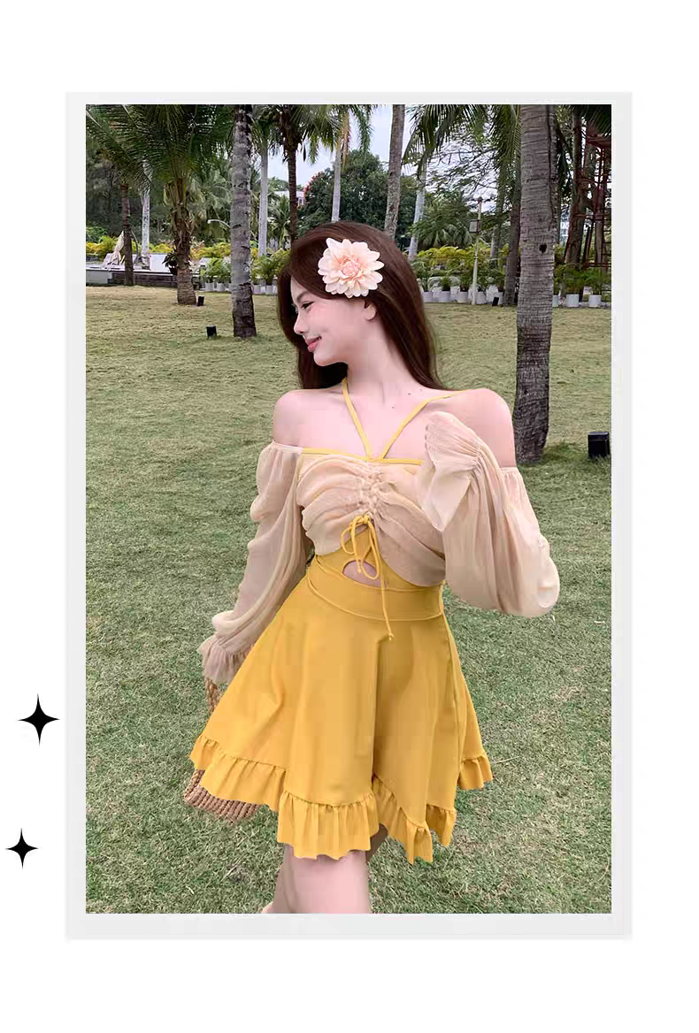 Golden Glow Sheer Sleeve Skirt Swimsuit