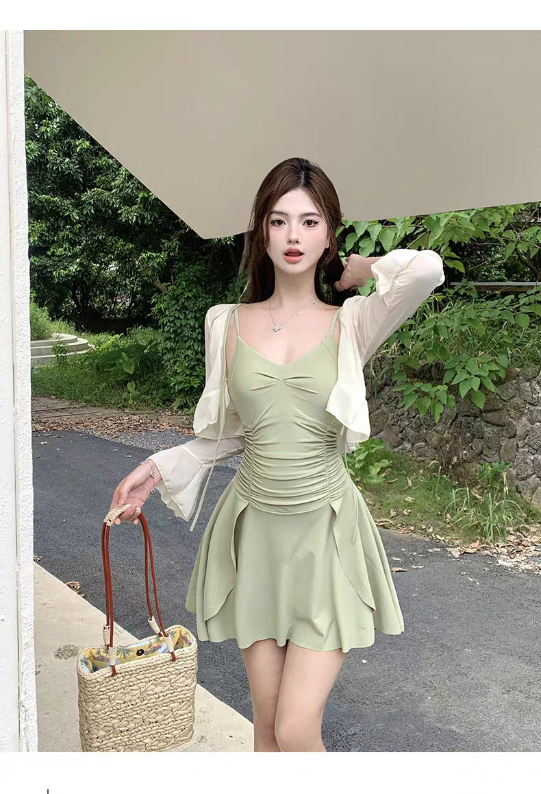 Sage Breeze Ruched Skirt Swimsuit