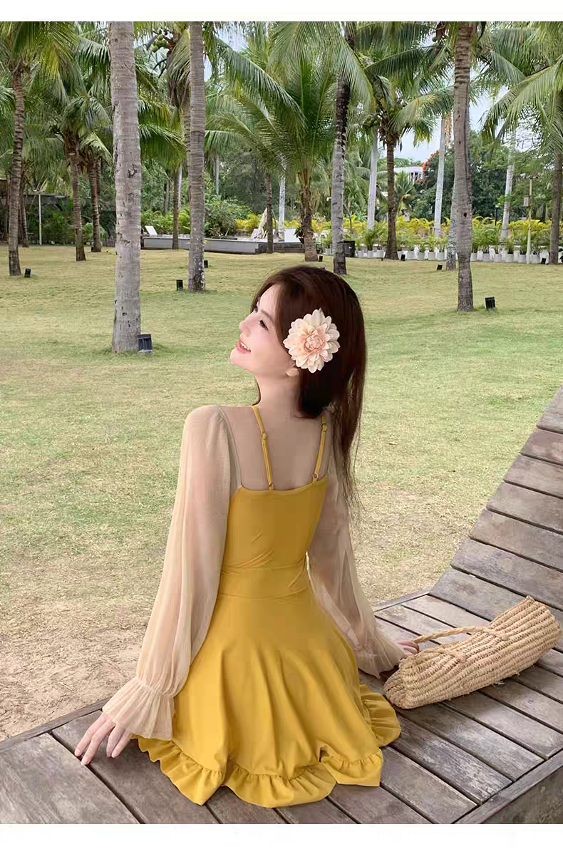 Golden Glow Sheer Sleeve Skirt Swimsuit