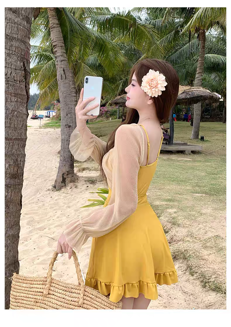 Golden Glow Sheer Sleeve Skirt Swimsuit