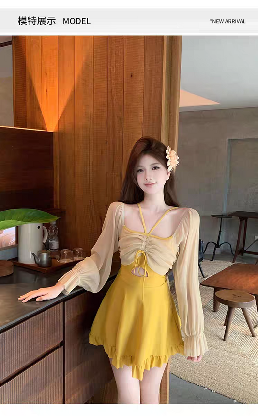 Golden Glow Sheer Sleeve Skirt Swimsuit