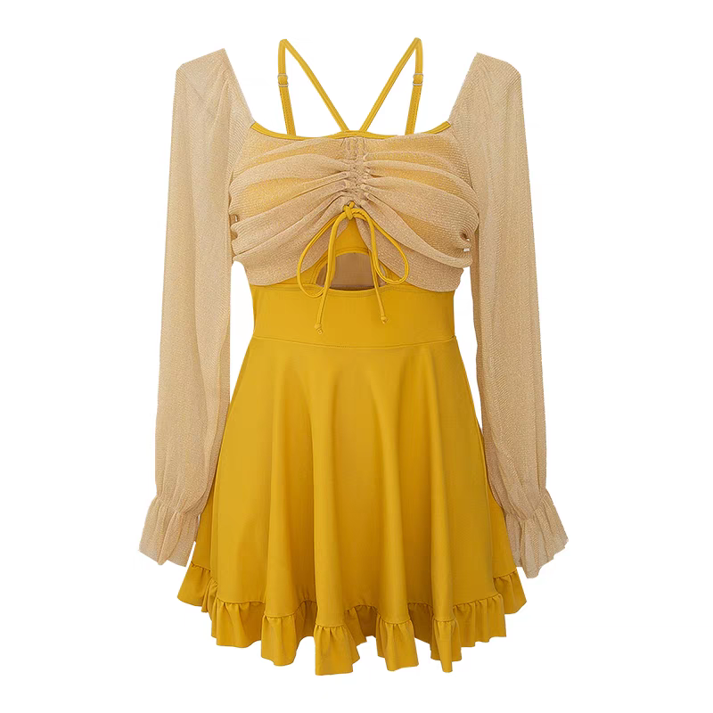 Golden Glow Sheer Sleeve Skirt Swimsuit
