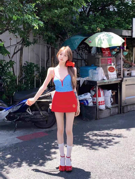 Cherry Picnic Two-Piece Swimsuit with Red Skirt